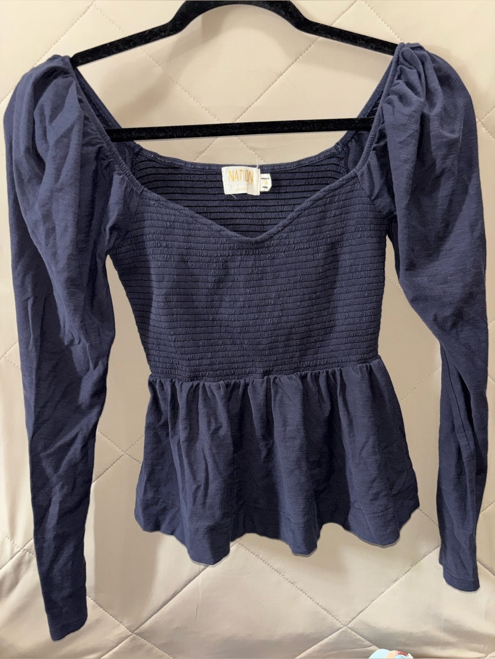 Nation LTD Navy Smocked Peplum Long-Sleeve Top